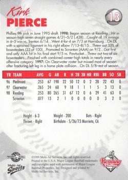 1999 Multi-Ad Reading Phillies #13 Kirk Pierce Back