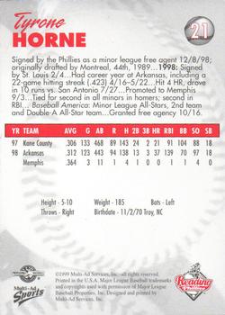 1999 Multi-Ad Reading Phillies #21 Tyrone Horne Back