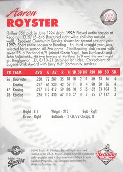 1999 Multi-Ad Reading Phillies #22 Aaron Royster Back