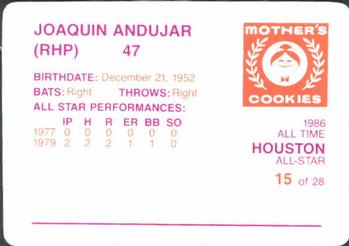 1986 Mother's Cookies Houston Astros #15 Joaquin Andujar Back
