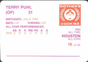 1986 Mother's Cookies Houston Astros #16 Terry Puhl Back