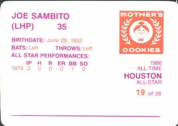 1986 Mother's Cookies Houston Astros #19 Joe Sambito Back