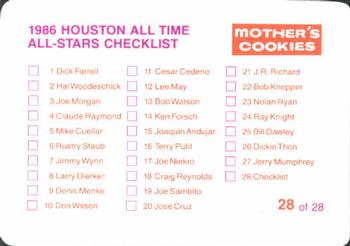 1986 Mother's Cookies Houston Astros #28 Checklist Card / Astros' A-S Logo Back