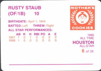 1986 Mother's Cookies Houston Astros #6 Rusty Staub Back