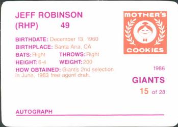 1986 Mother's Cookies San Francisco Giants #15 Jeff Robinson Back