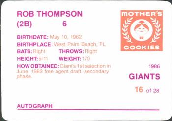 1986 Mother's Cookies San Francisco Giants #16 Robby Thompson Back