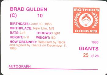 1986 Mother's Cookies San Francisco Giants #25 Brad Gulden Back