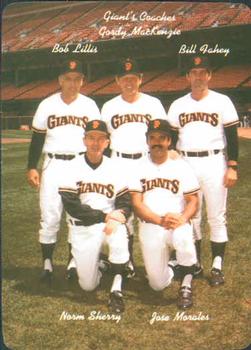 1986 Mother's Cookies San Francisco Giants #28 Checklist (Bob Lillis / Gordy MacKenzie / Bill Fahey / Norm Sherry / Jose Morales) Front