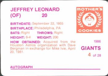 1986 Mother's Cookies San Francisco Giants #4 Jeffrey Leonard Back