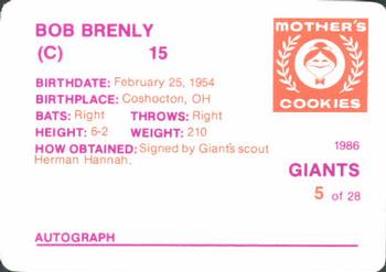 1986 Mother's Cookies San Francisco Giants #5 Bob Brenly Back