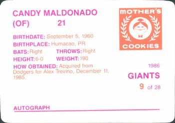 1986 Mother's Cookies San Francisco Giants #9 Candy Maldonado Back