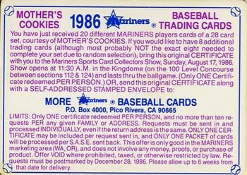 1986 Mother's Cookies Seattle Mariners #NNO 8-Card Certificate Front