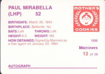 1986 Mother's Cookies Seattle Mariners #13 Paul Mirabella Back