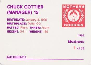 1986 Mother's Cookies Seattle Mariners #1 Chuck Cottier Back