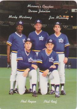 1986 Mother's Cookies Seattle Mariners #28 Mariners Coaches (Deron Johnson / Jim Mahoney / Marty Martinez / Phil Regan / Phil Roof) Front