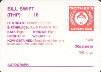 1986 Mother's Cookies Seattle Mariners #16 Bill Swift Back