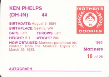 1986 Mother's Cookies Seattle Mariners #18 Ken Phelps Back