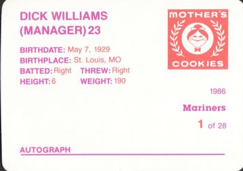 1986 Mother's Cookies Seattle Mariners #1 Dick Williams Back