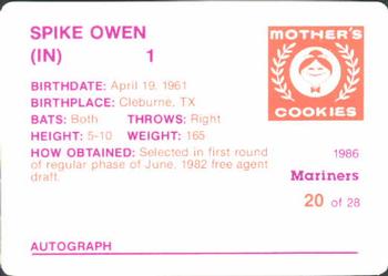 1986 Mother's Cookies Seattle Mariners #20 Spike Owen Back