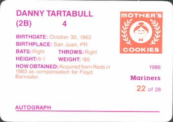 1986 Mother's Cookies Seattle Mariners #22 Danny Tartabull Back