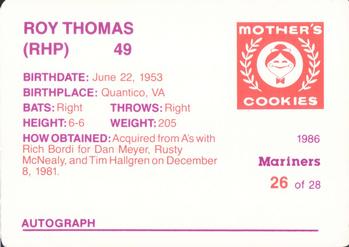 1986 Mother's Cookies Seattle Mariners #26 Roy Thomas Back