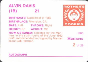 1986 Mother's Cookies Seattle Mariners #2 Alvin Davis Back