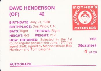 1986 Mother's Cookies Seattle Mariners #4 Dave Henderson Back