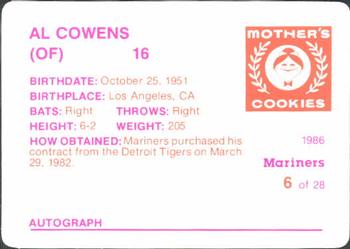 1986 Mother's Cookies Seattle Mariners #6 Al Cowens Back