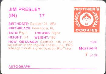 1986 Mother's Cookies Seattle Mariners #7 Jim Presley Back
