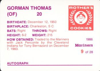 1986 Mother's Cookies Seattle Mariners #9 Gorman Thomas Back