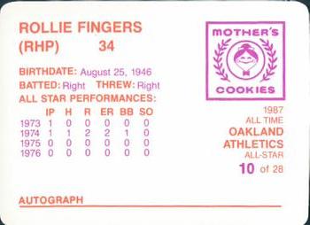 1987 Mother's Cookies Oakland Athletics #10 Rollie Fingers Back
