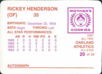 1987 Mother's Cookies Oakland Athletics #20 Rickey Henderson Back