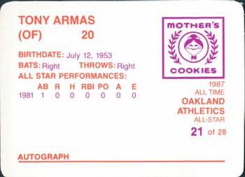 1987 Mother's Cookies Oakland Athletics #21 Tony Armas Back