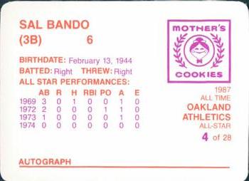1987 Mother's Cookies Oakland Athletics #4 Sal Bando Back