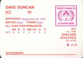 1987 Mother's Cookies Oakland Athletics #8 Dave Duncan Back