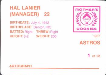 1987 Mother's Cookies Houston Astros #1 Hal Lanier Back