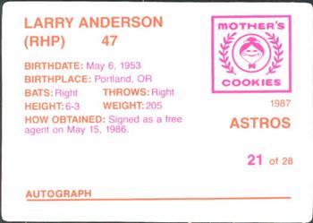 1987 Mother's Cookies Houston Astros #21 Larry Andersen Back