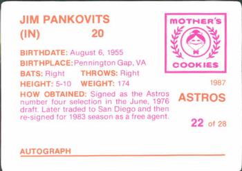 1987 Mother's Cookies Houston Astros #22 Jim Pankovits Back