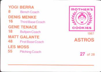 1987 Mother's Cookies Houston Astros #27 Astros Coaches (Gene Tenace / Denis Menke / Les Moss / Matt Galante / Yogi Berra) Back