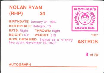 1987 Mother's Cookies Houston Astros #8 Nolan Ryan Back