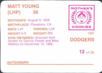 1987 Mother's Cookies Los Angeles Dodgers #12 Matt Young Back
