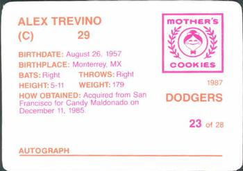 1987 Mother's Cookies Los Angeles Dodgers #23 Alex Trevino Back