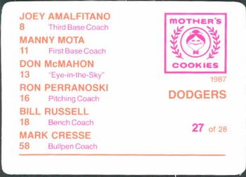 1987 Mother's Cookies Los Angeles Dodgers #27 Dodgers Coaches (Mark Creese / Ron Perranoski / Don McMahon / Bill Russell / Joey Amalfitano / Manny Mota) Back