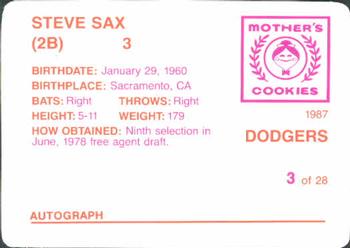 1987 Mother's Cookies Los Angeles Dodgers #3 Steve Sax Back
