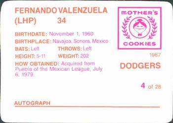 1987 Mother's Cookies Los Angeles Dodgers #4 Fernando Valenzuela Back