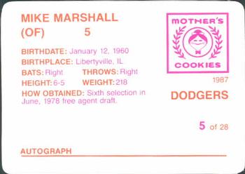 1987 Mother's Cookies Los Angeles Dodgers #5 Mike Marshall Back