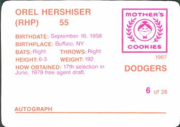 1987 Mother's Cookies Los Angeles Dodgers #6 Orel Hershiser Back