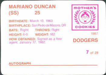 1987 Mother's Cookies Los Angeles Dodgers #7 Mariano Duncan Back