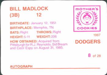 1987 Mother's Cookies Los Angeles Dodgers #8 Bill Madlock Back