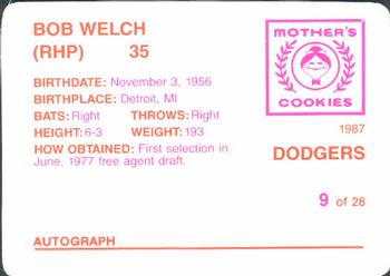 1987 Mother's Cookies Los Angeles Dodgers #9 Bob Welch Back